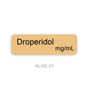 A rectangular label with rounded corners on a white background, displaying the text 'Droperidol mg/mL' in black on a warm beige background. Below the label, the text 'AL/AE-01' is printed in gray.