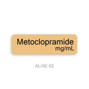 A rectangular label with rounded corners displaying the text 'Metoclopramide mg/mL' in black on a warm beige background, with the code 'AL/AE-02' below on a white background.