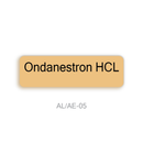 A rectangular label with rounded corners in a warm tan/beige shade, displaying the text 'Ondanestron HCL' in black. Below the label, the code 'AL/AE-05' is printed in gray on a plain white background.
