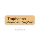 A tan rectangular label with rounded corners displaying the text 'Tropisetron (Navoban) 5mg/5mL' in black, centered on a white background with 'AL/AE-07A' below.