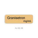 A tan rectangular label with rounded corners on a white background, displaying the text 'Granisetron mg/mL' in black, with the code 'AL/AE-08' below.