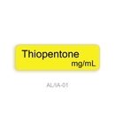 A bright yellow rectangular label with rounded corners displaying the text 'Thiopentone mg/mL' in black, centered on a white background with 'AL/IA-01' printed below in gray.