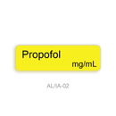 A bright yellow rectangular label with rounded corners on a white background, displaying the text 'Propofol mg/mL' in black. Below the label, the text 'AL/IA-02' appears in gray.
