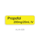 A bright yellow rectangular label with rounded corners displaying the text 'Propofol 200mg/20mL IV' in black, centered on a white background with 'AL/IA-02B' printed below in gray.