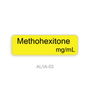 A bright yellow rectangular label with rounded corners on a white background, displaying the text 'Methohexitone mg/mL' in black. Below the label, the text 'AL/IA-03' is printed in gray.