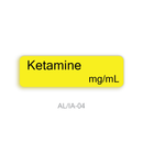 A bright yellow rounded rectangular label with black text reading 'Ketamine mg/mL' on a white background, with the code 'AL/IA-04' below.