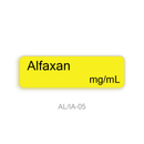 A bright yellow rectangular label with rounded corners on a white background, displaying the text 'Alfaxan mg/mL' in black, with 'AL/IA-05' printed below in gray.
