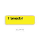 A bright yellow rectangular label with rounded corners and the word 'Tramadol' in black text, centered on a white background with 'AL/IA-06' printed below.