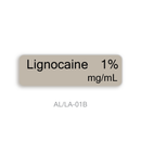 A rectangular label with rounded corners showing the text 'Lignocaine 1% mg/mL' in black on a warm gray background, centered on a white background with 'AL/LA-01B' below.