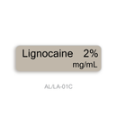 A rectangular beige label with black text reading 'Lignocaine 2% mg/mL' centered on a white background, with the code 'AL/LA-01C' below.
