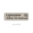 A rectangular beige label with rounded corners displaying the text 'Lignocaine 2g 500mL 5% Dextrose' in black, with 'AL/LA-01D' printed below on a white background.