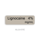 A label card for Lignocaine 4% mg/mL, showing the text 'Lignocaine 4% mg/mL' on a beige rounded rectangle with 'AL/LA-01E' below on a white background.