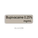 A rectangular beige label with rounded corners displaying the text 'Bupivacaine 0.25% mg/mL' in black, centered on a white background with 'AL/LA-03B' below.