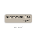 A rectangular label with rounded corners displaying 'Bupivacaine 0.5% mg/mL' in black text on a light taupe background, centered on a white background with 'AL/LA-03C' printed below.