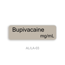 A rectangular label with rounded corners displaying the text 'Bupivacaine mg/mL' in black on a warm gray background, with 'AL/LA-03' printed below on a white background.