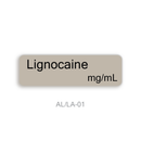 A beige rectangular label with rounded corners on a white background, displaying the text 'Lignocaine mg/mL' in black, with 'AL/LA-01' printed below in gray.