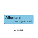 A light blue rectangular label with the text 'Alfentanil micrograms/ml' in black, centered on a white background, with 'AL/N-04' printed below.
