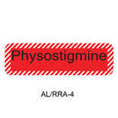 A red rectangular label with rounded corners, featuring a white diagonal striped border and the text 'Physostigmine' in black. Below the label, the text 'AL/RRA-4' is printed on a plain white background.