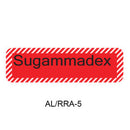 A red rectangular warning-style label with diagonal white hazard stripes on the left and right edges and the text 'Sugammadex' in black across the center. Below the label, the text 'AL/RRA-5' appears on a white background.