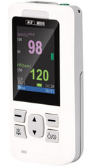 A white BT M800 fingertip pulse oximeter with a color display screen showing oxygen saturation and pulse rate readings, set against a plain white background.