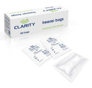 A box of CLARITY freezer bags with two individually sealed sample bags placed in front on a clean white background.