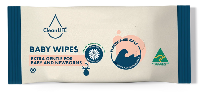 CleanLife baby wipes packaging with branding and sustainability claims on a white background