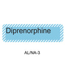 A light blue rectangular label with diagonal striped border and the text 'Diprenorphine' in black, with 'AL/NA-3' below on a white background.