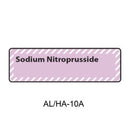 A rectangular label with a light pink background and a dashed border, containing the text 'Sodium Nitroprusside'. Below the label, the text 'AL/HA-10A' is printed on a white background.