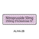 A rectangular label with a light lavender and white diagonal striped border, containing the text 'Nitroprusside 50mg 250mg 5%Dextrose IV' in black. Below the label is the text 'AL/HA-2B' on a plain white background.