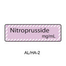 A rectangular label with a light pink background and white diagonal border, reading 'Nitroprusside mg/mL' in black text, with 'AL/HA-2' below on a white background.