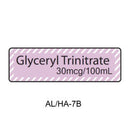 A rectangular label with a light pink and white striped border and black text reading 'Glyceryl Trinitrate 30mcg/100mL', with 'AL/HA-7B' printed below on a white background.