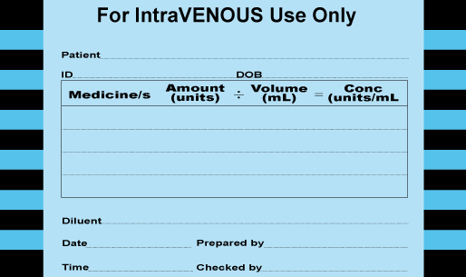 Intravenous medication prescription label with blue background and black text