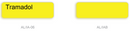 A yellow rectangular label with rounded corners on a white background, labeled 'Tramadol' on the left, with additional codes 'AL/IA-06' and 'AL/IA-B' below.