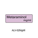 A light purple rectangular label with the text 'Metaraminol mg/ml' on a white background, with 'ALV-02MgMI' printed below.