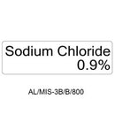 A white rectangular label with black text reading 'Sodium Chloride 0.9%' above the text 'AL/MIS-3B/B/800' on a white background.