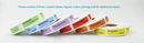 Five rolls of medical identification labels in different colors (green, blue, purple, orange, yellow) arranged on a white background, with blue text at the top stating 'Please contact HTS for custom labels, regular orders, pricing and for additional labels.'.