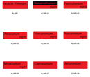 A grid of red rectangular labels on a white background, each labeled with a different muscle relaxant or anesthetic agent name such as Muscle Relaxant, Suxamethonium mg/ml, Pancuronium mg/ml, Atracurium mg/ml, Vercuronium mg/ml, Rocuronium mg/ml, Mivacurium mg/ml, Cistracurium, and Alcuronium, with alphanumeric codes below.