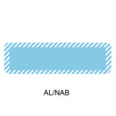 A light blue rectangular label with rounded corners and a white diagonal striped border, shown on a white background with the text 'AL/NAB' underneath.