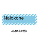 A rectangular light blue label with diagonal striped border and the word 'Naloxone' in black text, with 'AL/NA-01/800' printed below on a white background.