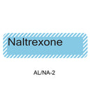 A light blue rectangular label with diagonal striped border and the word 'Naltrexone' in black text, with 'AL/NA-2' below on a white background.