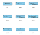 A grid of nine blue rectangular labels on a white background, each labeled with a different opioid or analgesic name such as Narcotic, Morphine, Fentanyl, Pethidine, Alfentanil, Remifentanil, Buprenorphine, Oxycodone, and a blank label. Small alphanumeric codes appear below each label.
