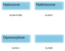 A diagram showing four labeled boxes for opioid antagonists: Naloxone (AL/NA-01/800), Naltrexone (AL/NA-2), Diprenorphine (AL/NA-3), and an empty box labeled AL/NAB on a white background.