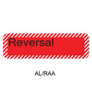 A red rectangular label with rounded corners, bordered by diagonal white stripes on the left and right edges, with the word 'Reversal' printed in black. Below the label, the text 'AL/RAA' appears on a white background.