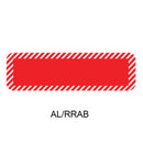 A red rectangular label or sticker with a white diagonal striped border, shown on a white background with the text 'AL/RRAB' underneath.