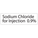 A white rectangular label with black text reading 'Sodium Chloride for Injection 0.9%'.