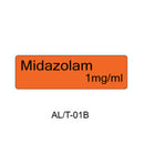 An orange rectangular label with black text reading 'Midazolam 1mg/ml' on a white background, with 'AL/T-01B' printed below.