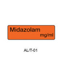 An orange rectangular label with rounded corners displaying the text 'Midazolam mg/ml' in black, with 'AL/T-01' printed below on a white background.