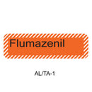An orange rectangular label with rounded corners, orange diagonal striped border lines on the left and right edges, and the black text 'Flumazenil' centered. Below the label, the text 'AL/TA-1' appears on a white background.