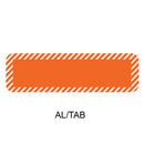 An orange rectangular label with rounded corners and a white diagonal striped border, shown on a white background with the text 'AL/TAB' underneath.