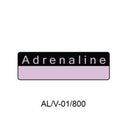 A label with the word 'Adrenaline' , showing a black top section with white text and a light lavender-purple bottom section. Below the label is the text 'AL/V-01/800' on a plain white background.